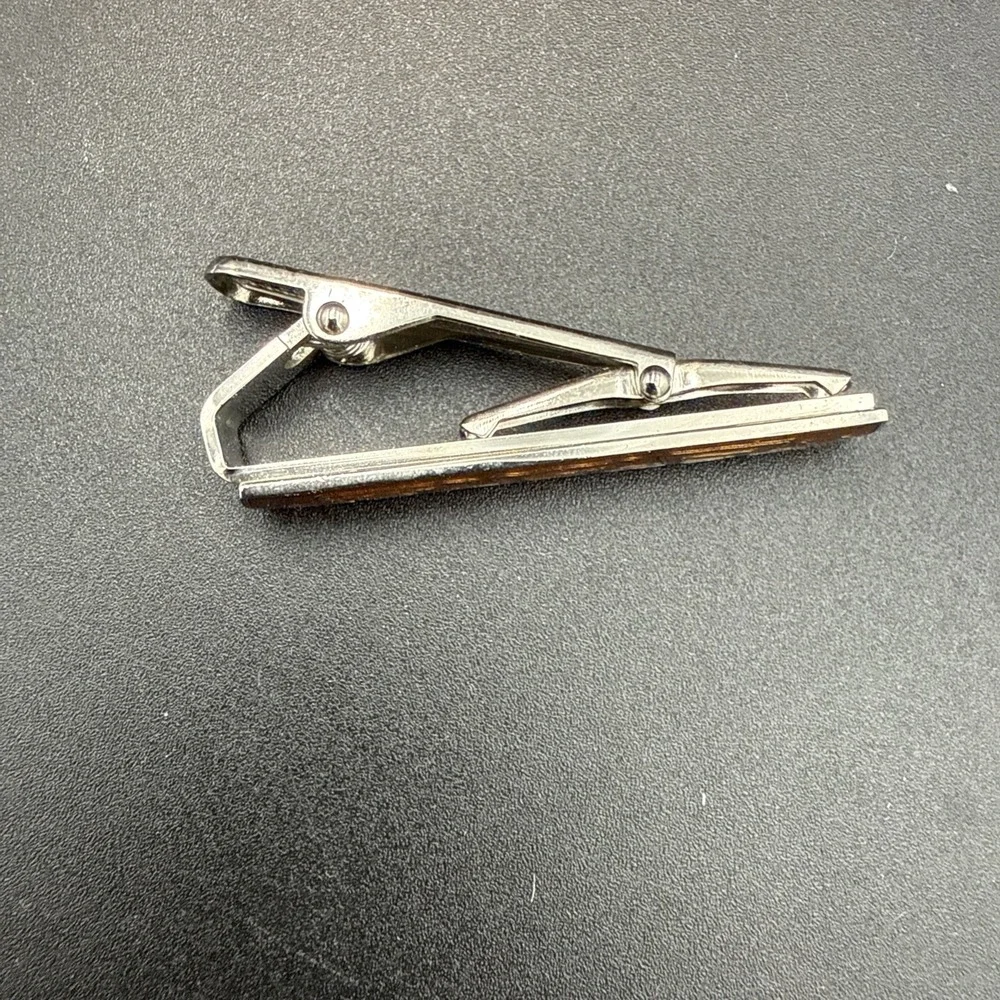 Vintage Tie Bar Orange Enamel Inlay Silver Tone Unmarked